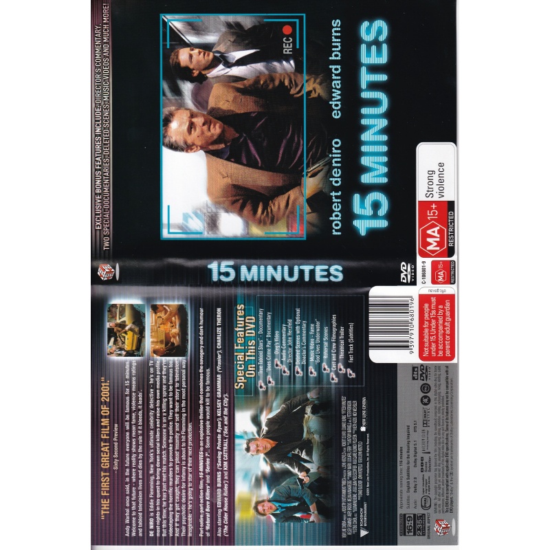 15 MINUTES STARS ROBERT DENIRO & EDWARD BURNS ALL REGION DVD