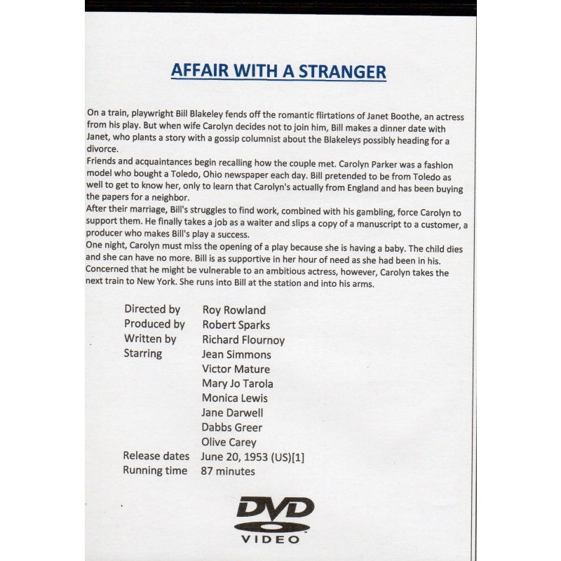 AFFAIR WITH A STRANGER - VICTOR MATURE & JEAN SIMMONS ALL REGION DVD
