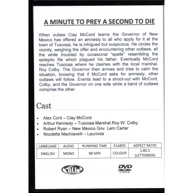MINUTE TO PRAY, SECOND TO DIE - ALEX CORD & ROBERT RYAN ALL  REGION DVD