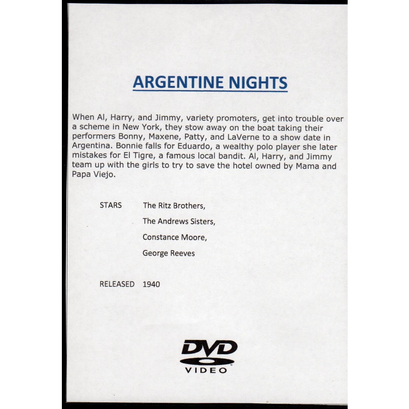 ARGENTINE NIGHTS - RITZ BROTHERS & ANDREW SISTERS ALL REGION DVD