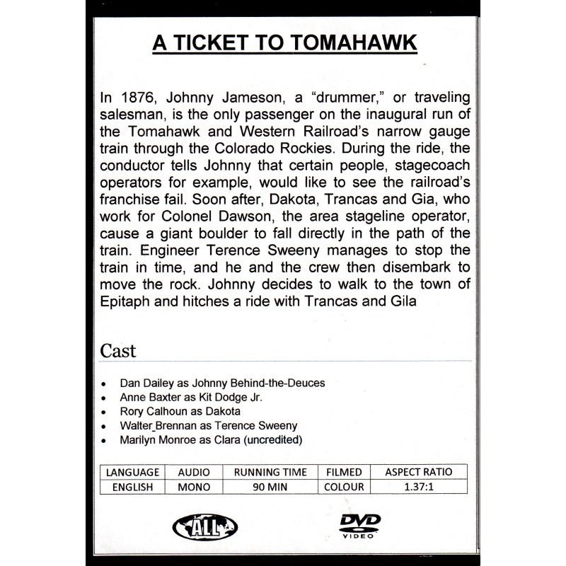 A TICKET TO TOMAHAWK - RORY CALHOUN & ANNE BAXTER ALL REGION DVD