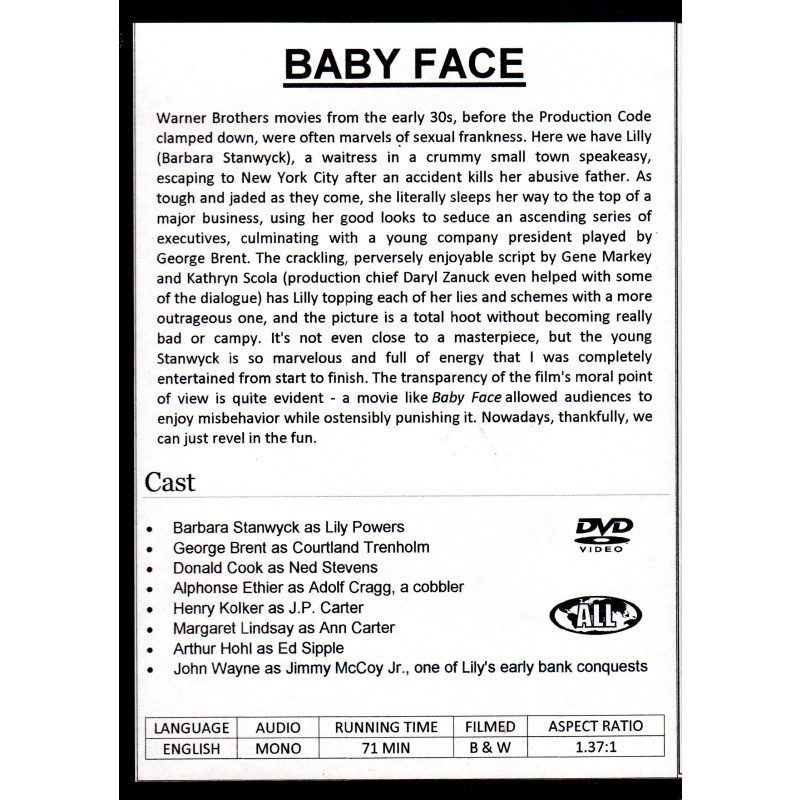BABY FACE-  JOHN WAYNE ( SMALL PART)   ALL REGION DVD