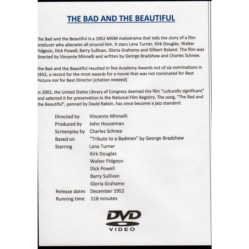 BAD AND BEAUTIFUL - LANA TURNER/KIRK DOUGLAS/DICK POWELL ALL REGION DVD