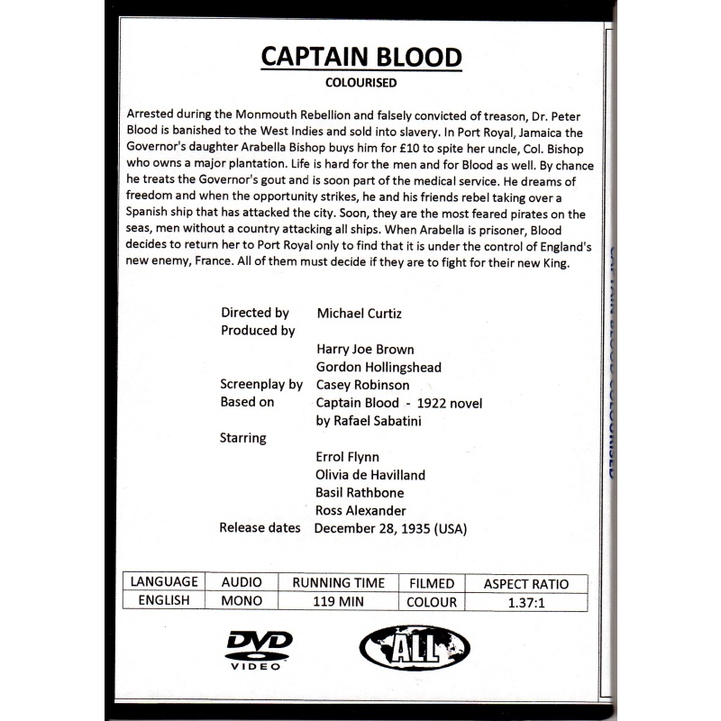 CAPTAIN BLOOD IN COLOUR STARS ERROL FLYNN - ALL REGION DVD