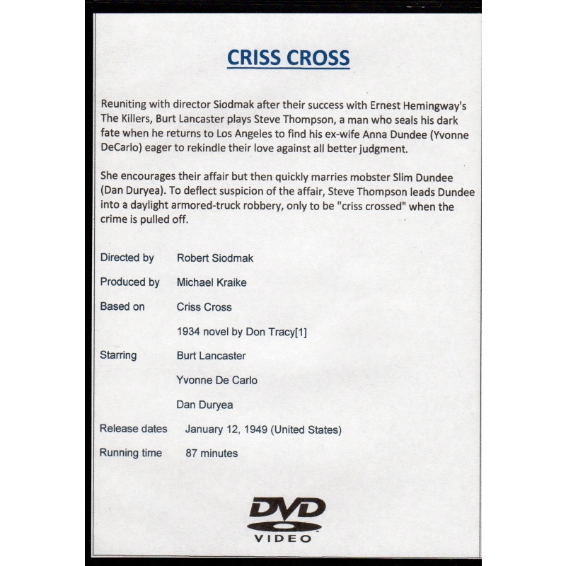CRISS  CROSS- BURT LANCASTER/DAN DURYEA/YVONNE DE CARLO ALL REGION DVD