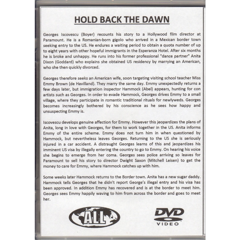 HOLD BACK THE  DAWN - CHARLES BOYER & OLIVIA DE HAVILAND  ALL REGION DVD