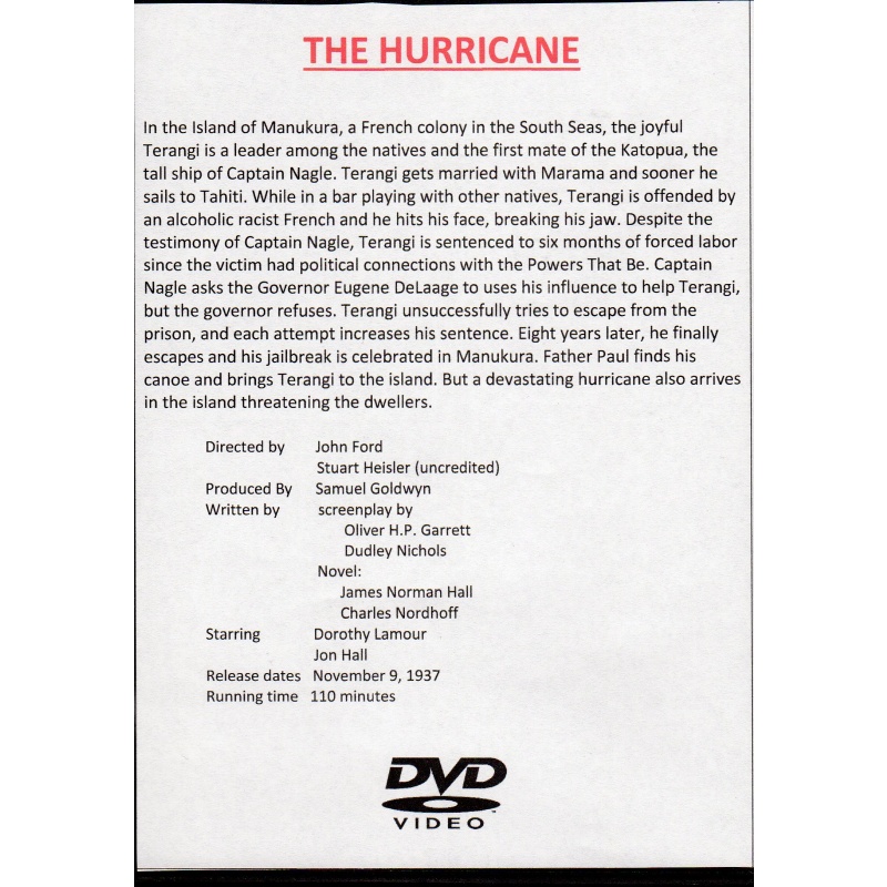 HURRICANE - DOROTHY L'AMOUR & JOHN HALL -  ALL REGION DVD