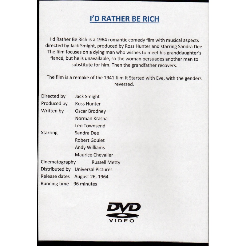 I'D RATHER BE RICH - SANDRA DEE & ROBERT GOULET  ALL REGION DVD