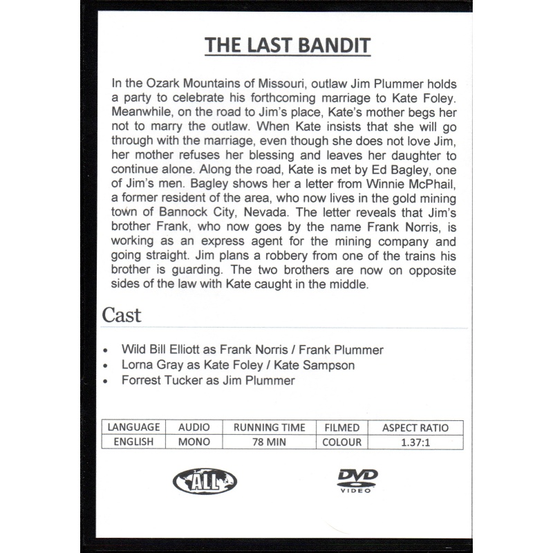 LAST BANDIT - FORREST TUCKER & WILLIAM ELLIOT ALL REGION DVD