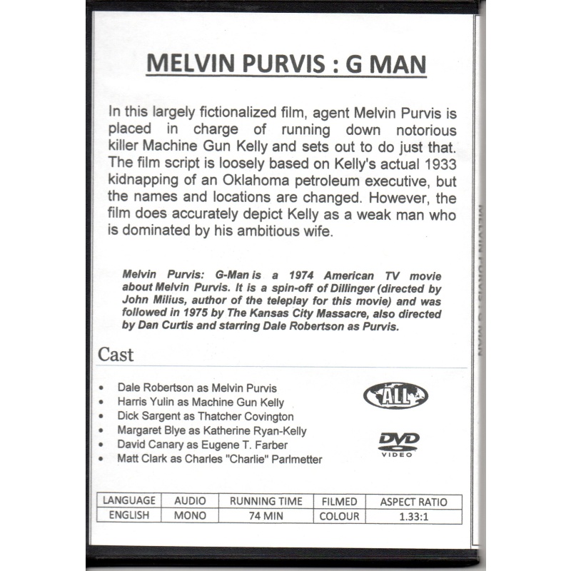 MELVIS PURVIS:  G MAN  - DALE ROBERTSON TV MOVIE ALL  REGION DVD
