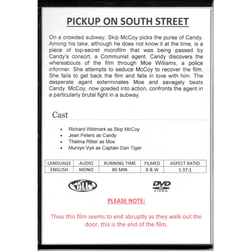 PICK UP ON SOUTH STREET - RICHARD WIDMARK & JEAN PETERS ALL REGION DVD