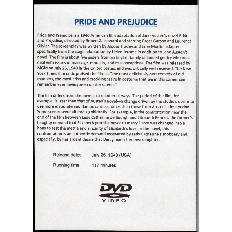 PRIDE AND PREJUDICE - GREER GARSON & LAURENCE OLIVIER  ALL REGION DVD