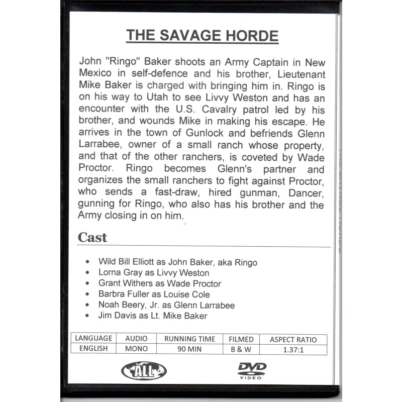 SAVAGE HORDE, THE - BILL ELLIOTT & LORNA GRAY -  ALL REGION DVD