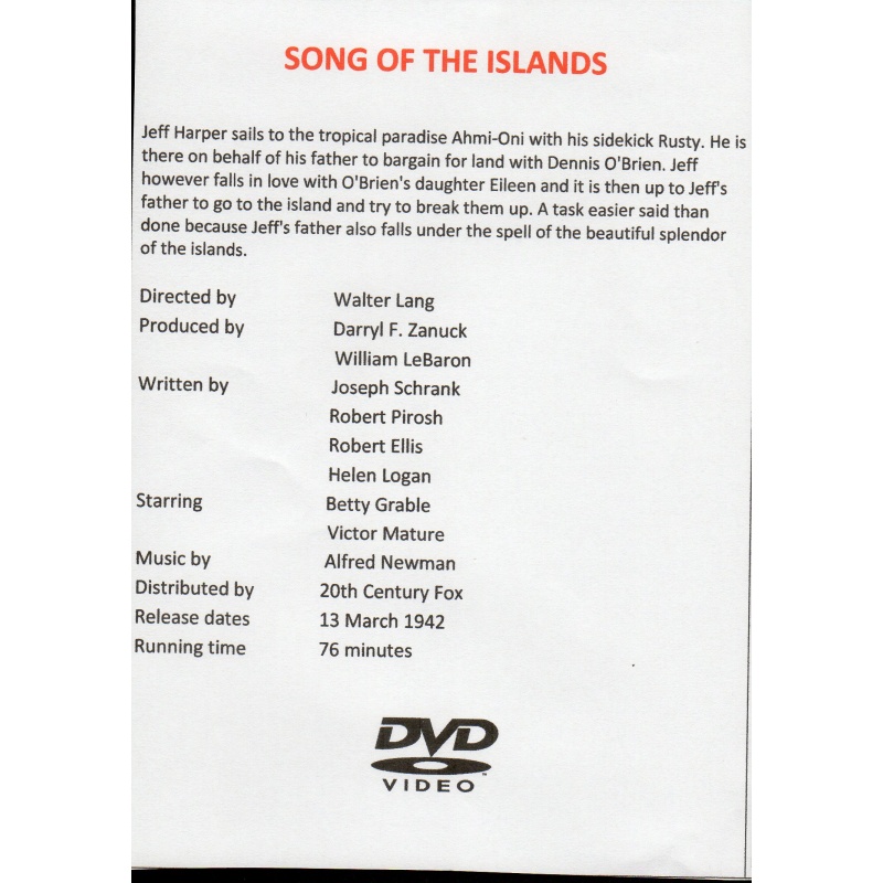 SONG OF THE ISLANDS - BETTY GRABLE & VICTOR MATURE - ALL REGION DVD