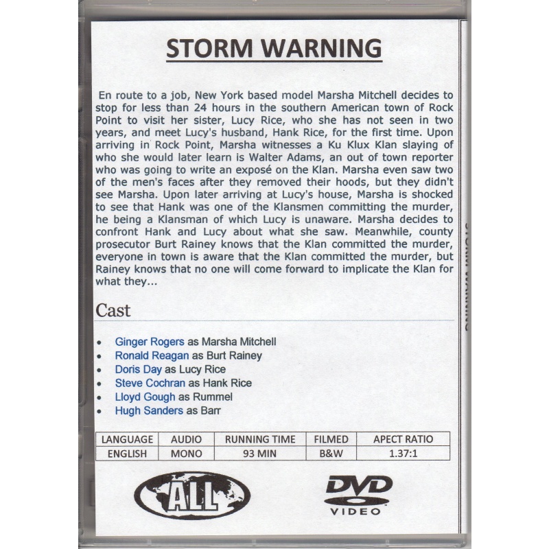 STORM WARNING - GINGER ROGERS/RONALD REAGAN/DORIS DAY - ALL REGION DVD