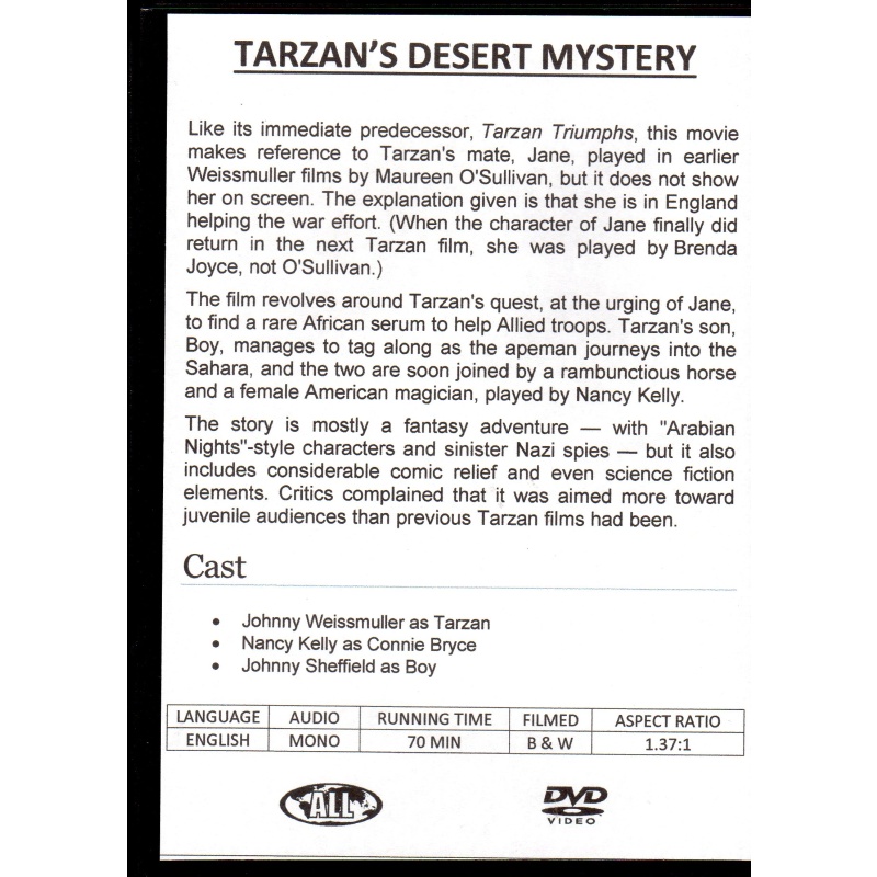 TARZAN'S DESERT MYSTERY - JOHNNY WEISSMULLER NEW ALL REGION DVD
