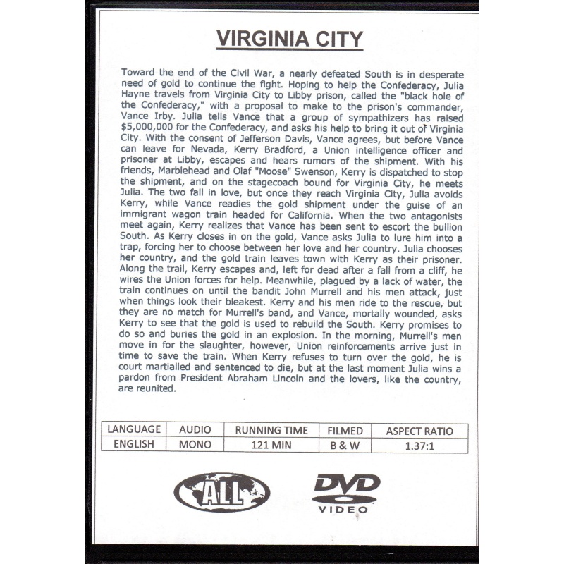 VIRGINIA CITY - RANDOLPH SCOTT & ERROL FLYNN & HUMPHREY BOGART ALL REGION DVD