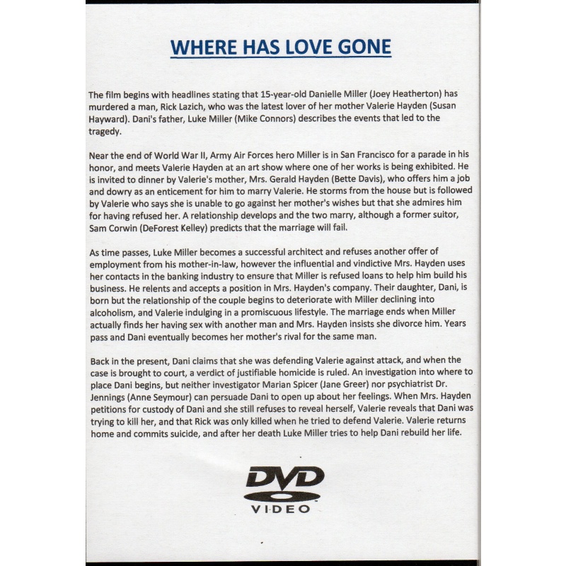 WHERE LOVE HAS GONE - SUSAN HAYWARD & BETTIE DAVIS ALL REGION DVD